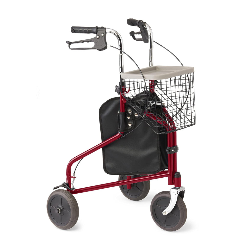 Medline 3-Wheel Ultralight Rollator, Steel Frame, Includes Wire Basket and Storage Bag, Supports up to 275 lbs, 8" Wheels, Burgundy