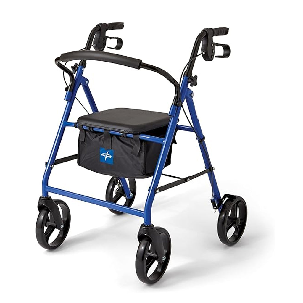 Medline Steel Rollator Walker for Adult Mobility Impairment, Blue, 350 lb. Weight Capacity, 8” Wheels, Foldable, Adjustable Handles, Rolling Walker for Seniors