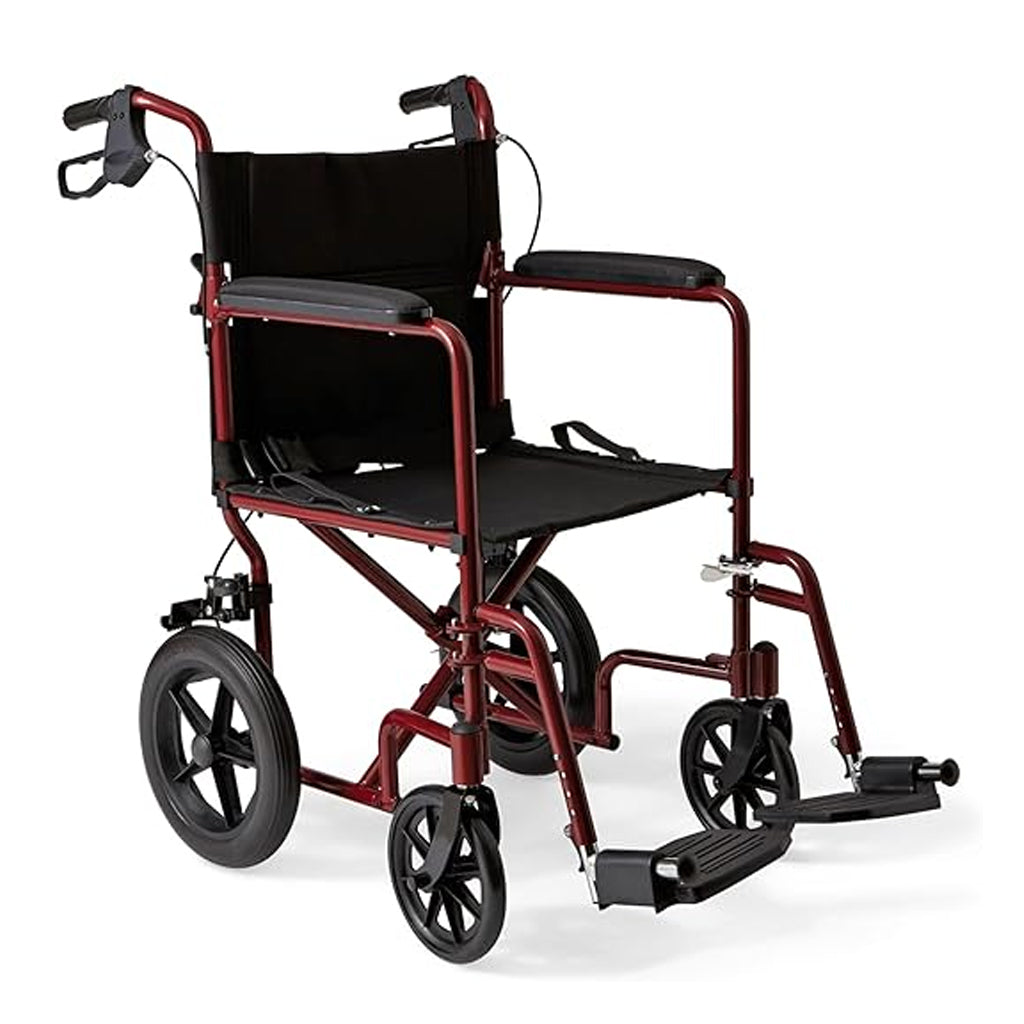 Medline Lightweight Transport Wheelchair with Handbrakes, Folding Transport Chair for Adults has 12 inch Wheels, Red