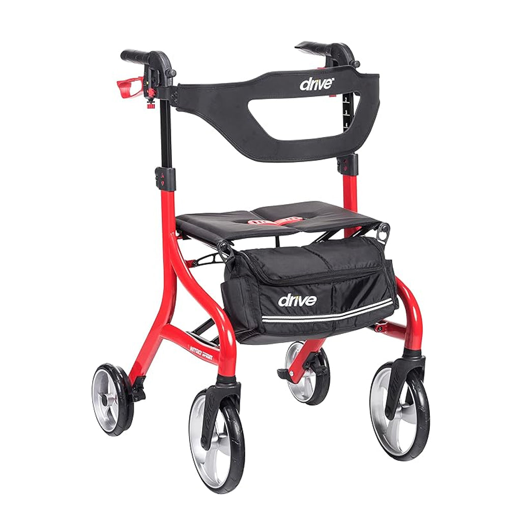 Drive Medical Nitro Sprint Foldable Rollator Walker with Seat, Tall Height Lightweight Rollator with Large Wheels, Folding Rollator, Four Wheel Rolling Walker, Red